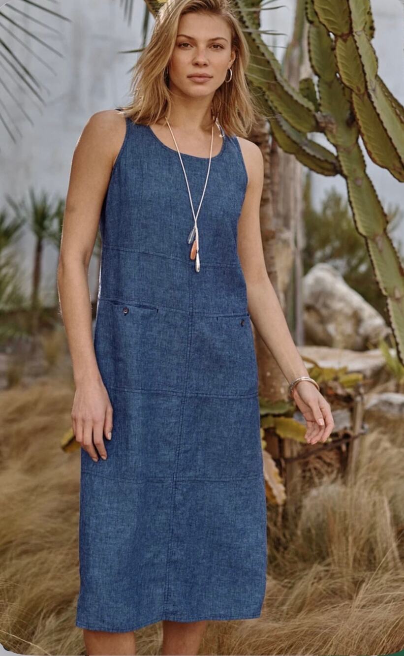 Pure Jill Seamed 100% Linen Dress Blue 2XL Coastal Grandmother Pockets NWOT